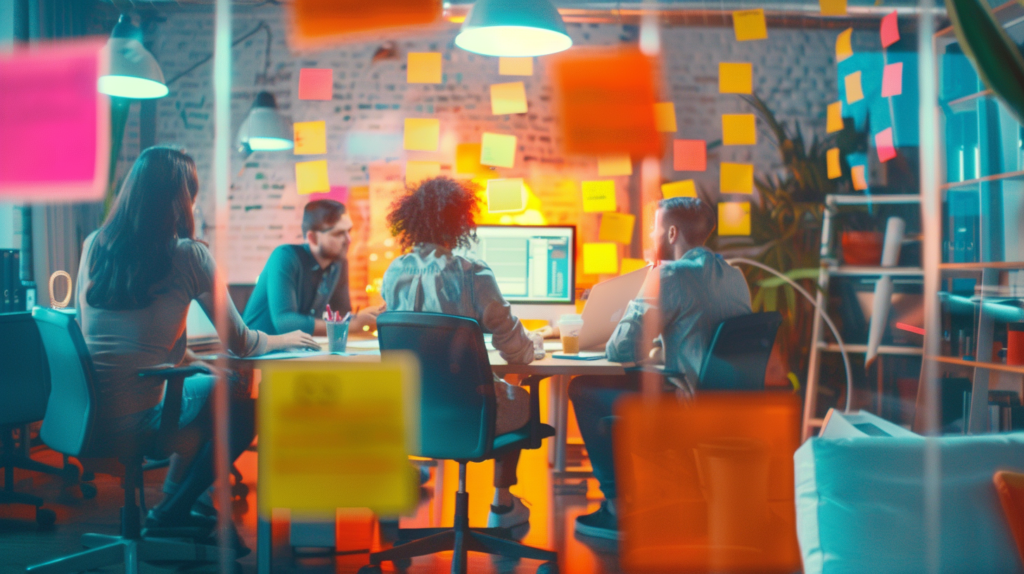 Fotografia detalhada de uma equipe de startup em uma sala de reuniões, vista através de uma parede de vidro coberta com post-its coloridos. Os membros da equipe estão sentados ao redor de uma mesa, concentrados em um computador enquanto discutem estratégias. A iluminação ambiente é acolhedora, criando um espaço dinâmico e estimulante para a colaboração e o desenvolvimento de ideias inovadoras.